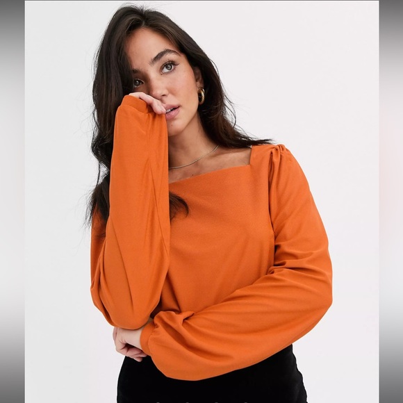 Pieces | square neck puff sleeve long sleeve top in orange semi-fitted - Picture 2 of 9